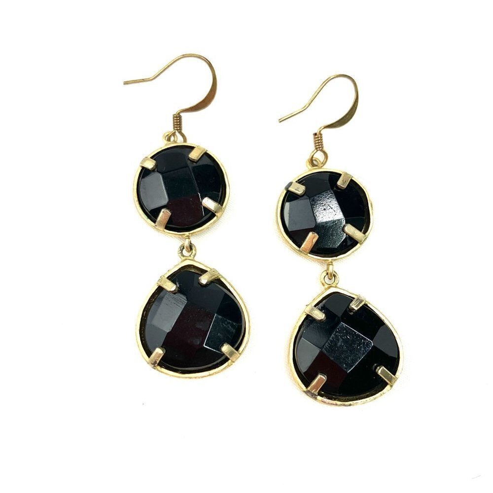 Dual Princess Cut Inset Stone Drop Earrings - Black/Gold 2" - Picture 5 of 6